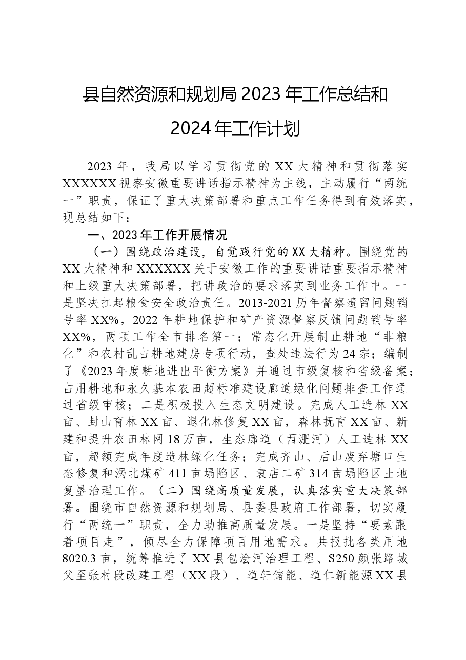 县自然资源和规划局2023年工作总结和2024年工作计划01.docx,第1页预览
