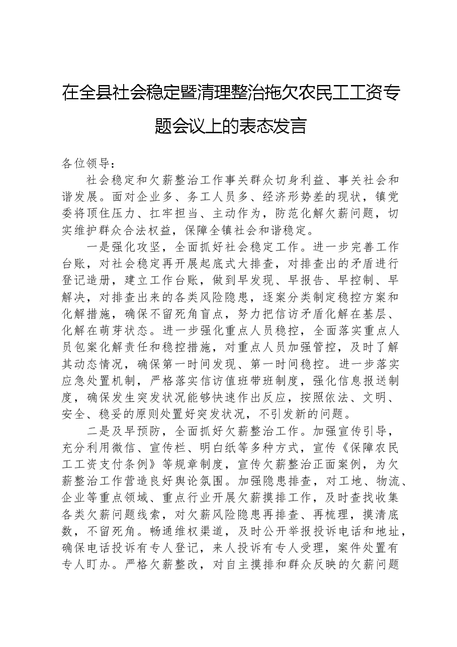 在全县社会稳定暨清理整治拖欠农民工工资专题会议上的表态发言.docx,第1页预览