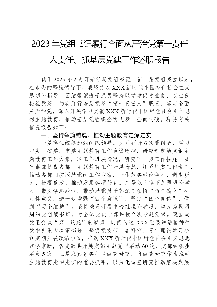 2023年党组书记履行全面从严治党第一责任人责任、抓基层党建工作述职报告.docx,第1页预览