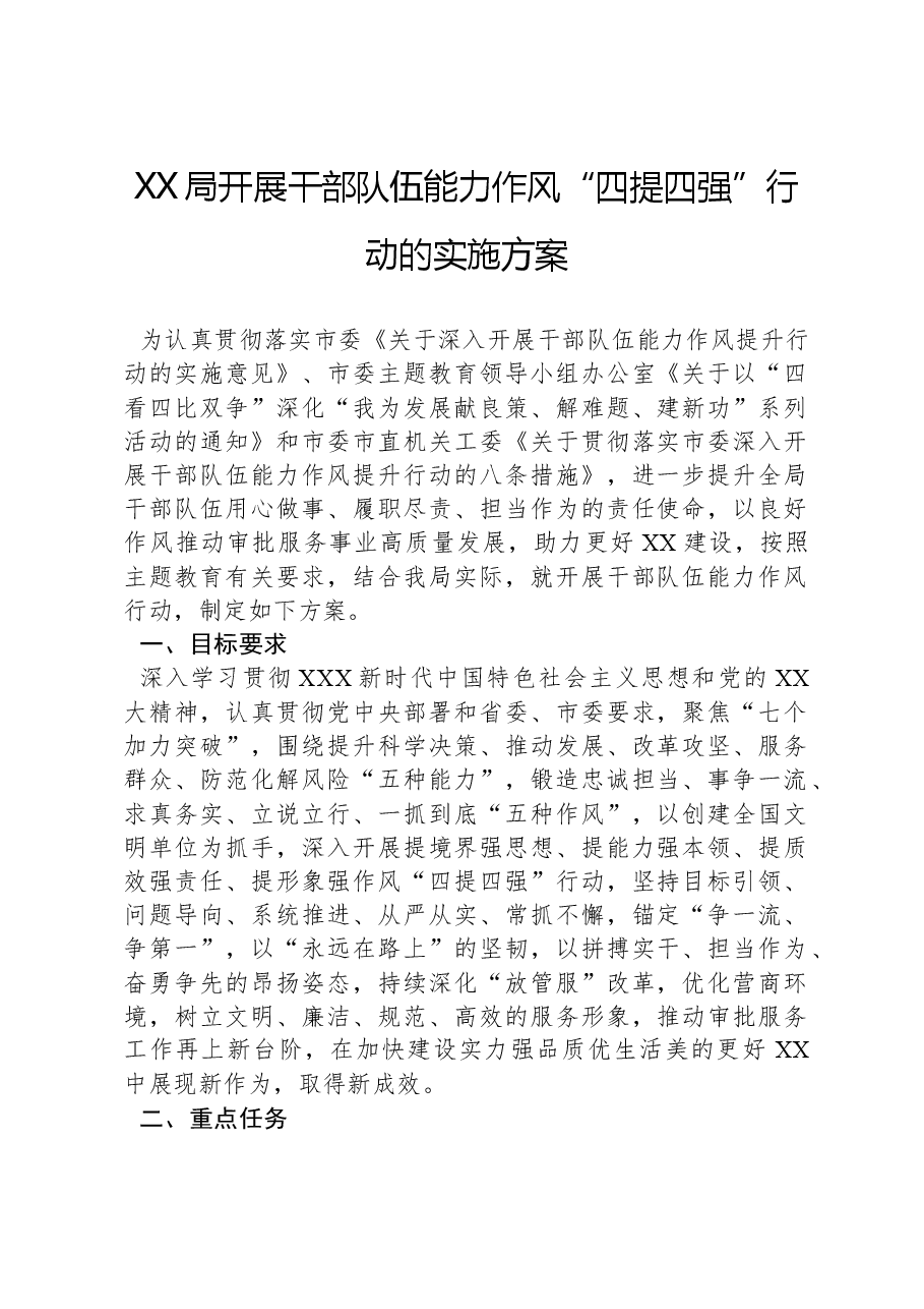 XX局开展干部队伍能力作风“四提四强”行动的实施方案.docx,第1页预览