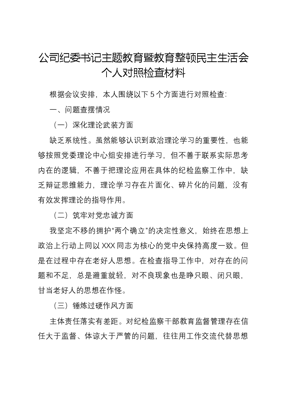公司纪委书记主题教育暨教育整顿民主生活会个人对照检查材料.docx，第1页预览