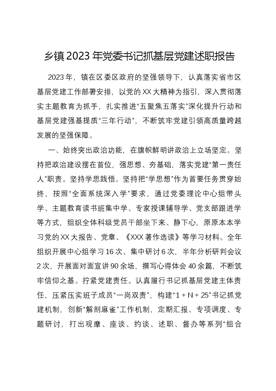 乡镇2023年党委书记抓基层党建述职报告.docx,第1页预览