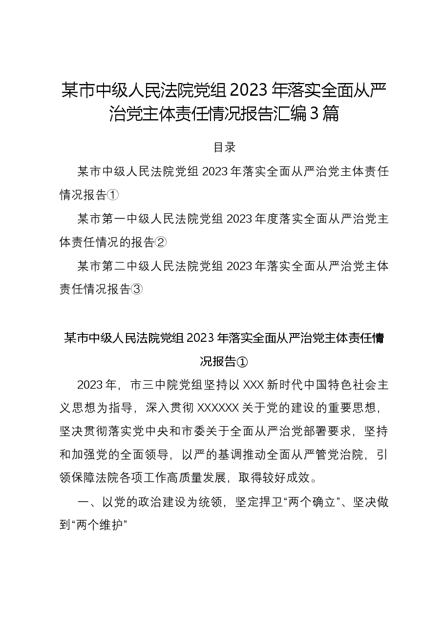 (3篇)某市中级人民法院党组2023年落实全面从严治党主体责任情况报告汇编.docx,第1页预览