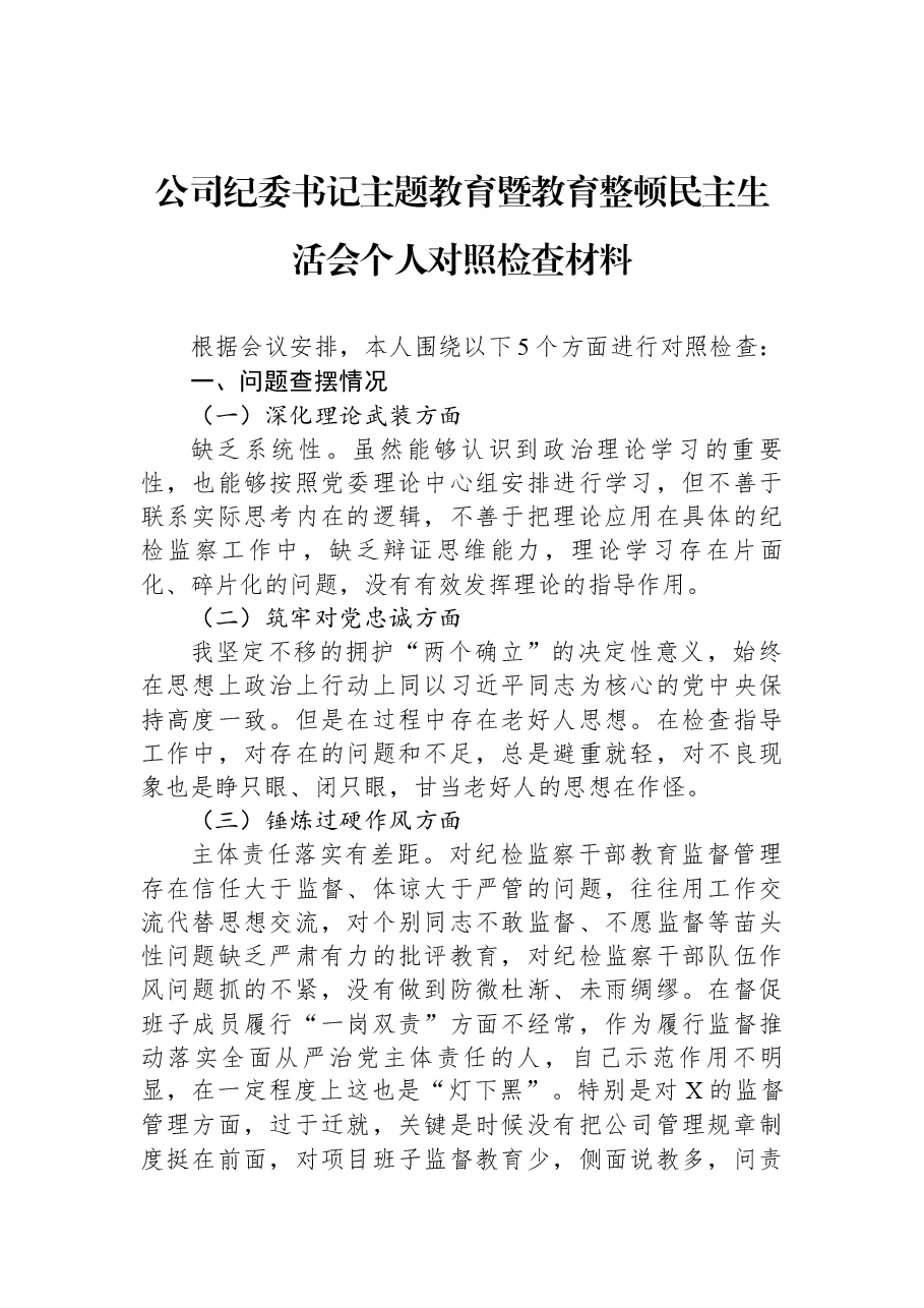 公司纪委书记主题教育暨教育整顿民主生活会个人对照检查材料.docx，第1页预览