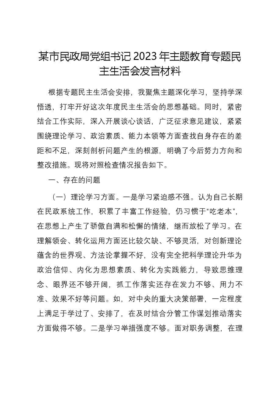 某市民政局党组书记2023年主题教育专题民主生活会发言材料.docx，第1页预览
