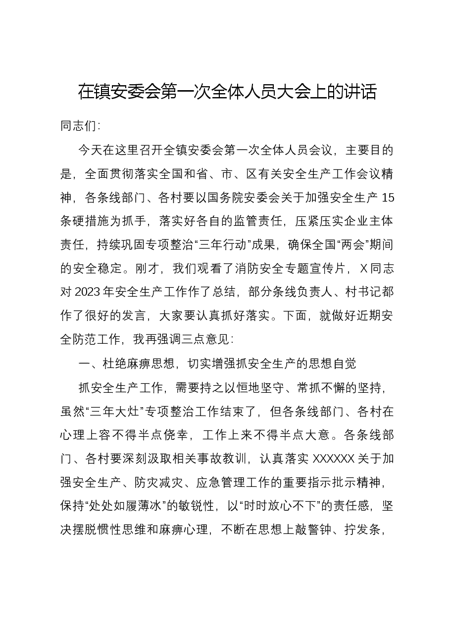 在镇安委会第一次全体人员大会上的讲话.docx,第1页预览