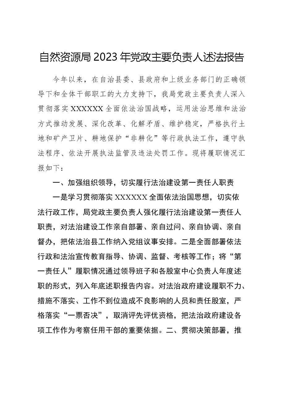自然资源局2023年党政主要负责人述法报告.docx,第1页预览