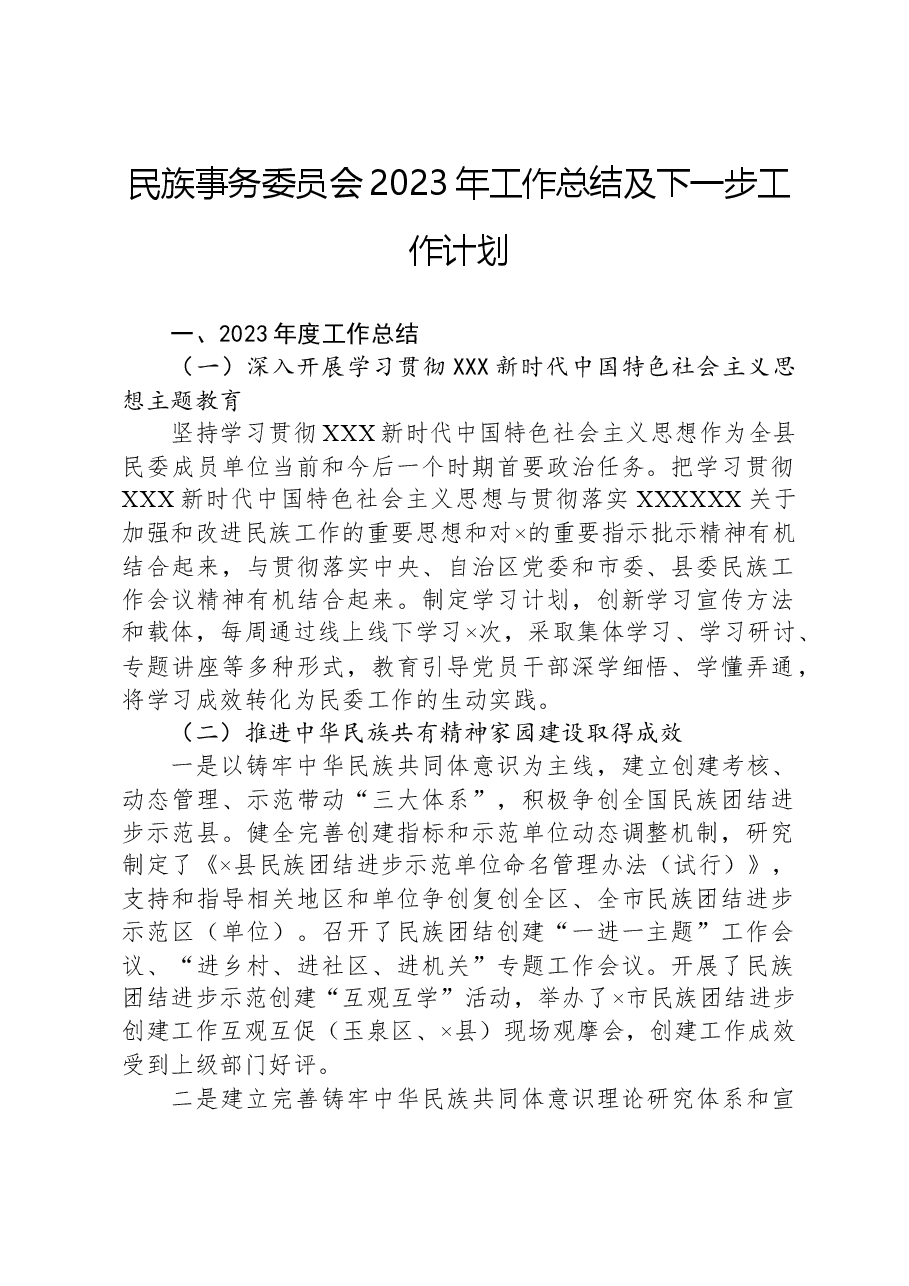 民族事务委员会2023年工作总结及下一步工作计划.docx,第1页预览