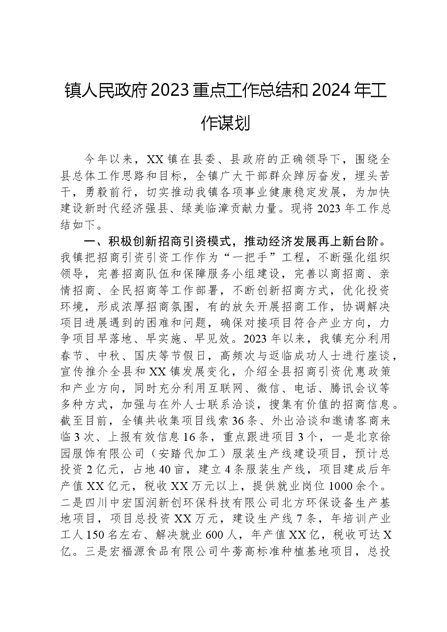 镇人民政府2023重点工作总结和2024年工作谋划.docx,第1页预览