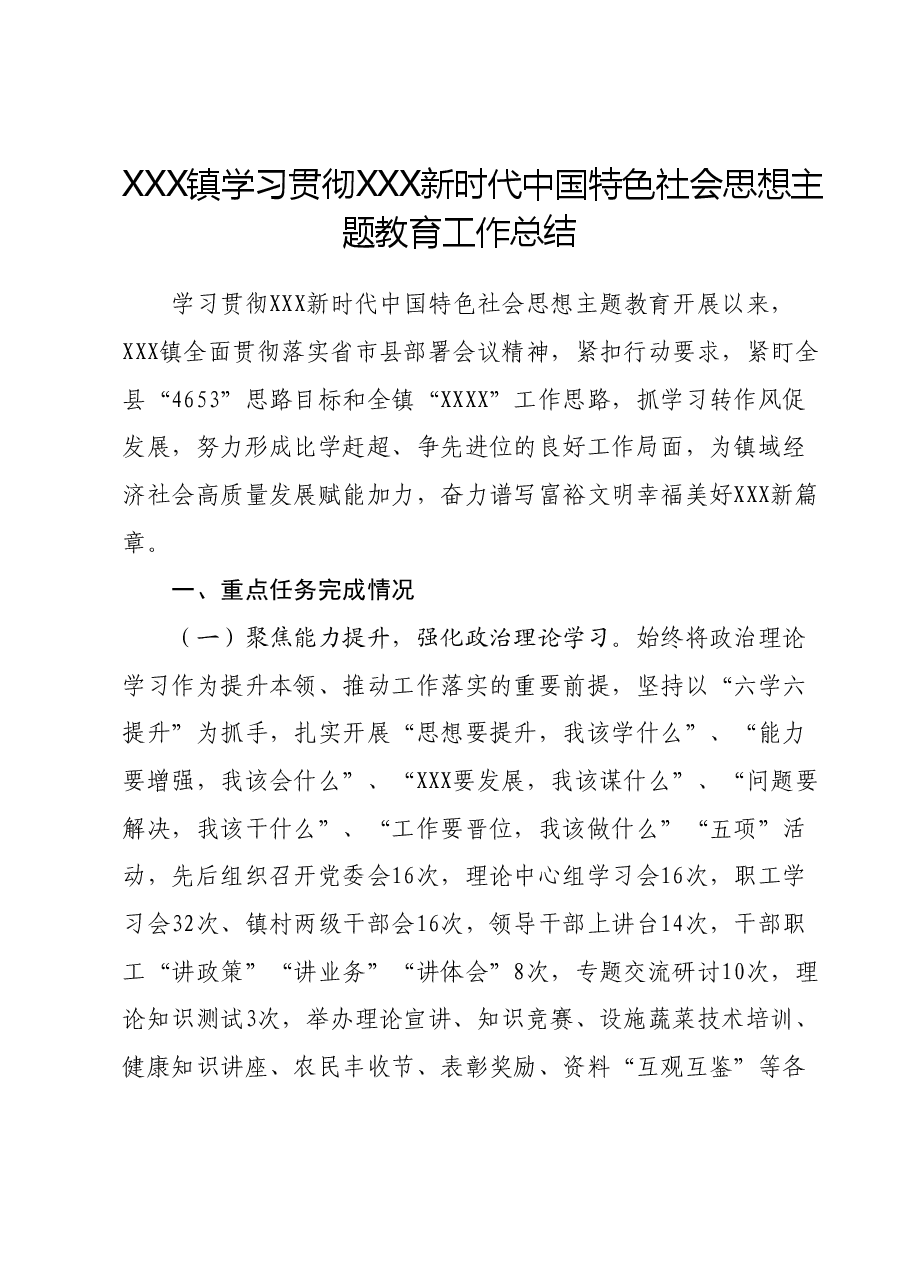XXX镇学习贯彻习近平新时代中国特色社会思想主题教育工作总结.docx,第1页预览