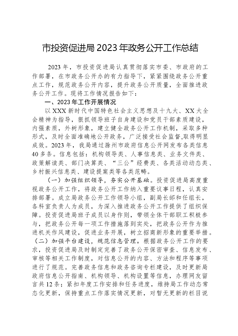 市投资促进局2023年政务公开工作总结.docx,第1页预览