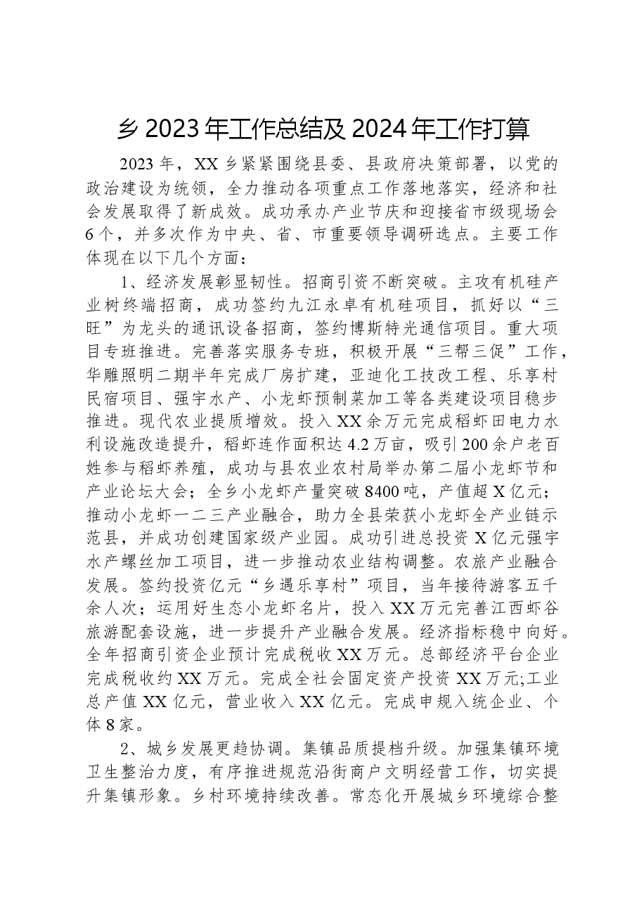 乡2023年工作总结及2024年工作打算.docx,第1页预览