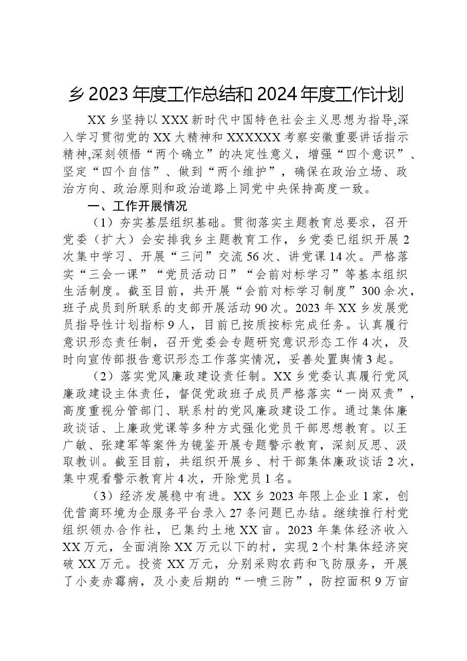 乡2023年度工作总结和2024年度工作计划.docx,第1页预览