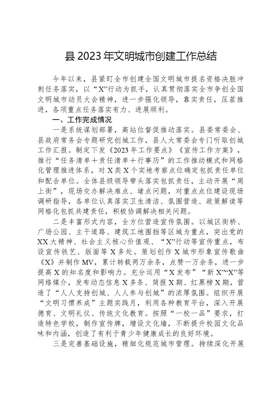县2023年文明城市创建工作总结.docx,第1页预览