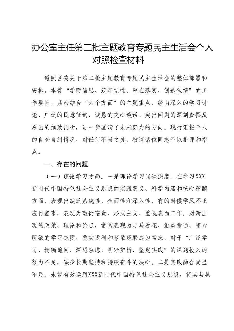 办公室主任第二批主题教育专题民主生活会个人对照检查材料.docx，第1页预览