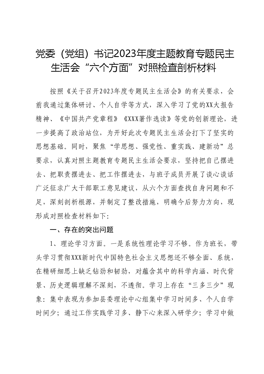 党委(党组)书记2023年度主题教育专题民主生活会“六个方面”对照检查剖析材料.docx,第1页预览