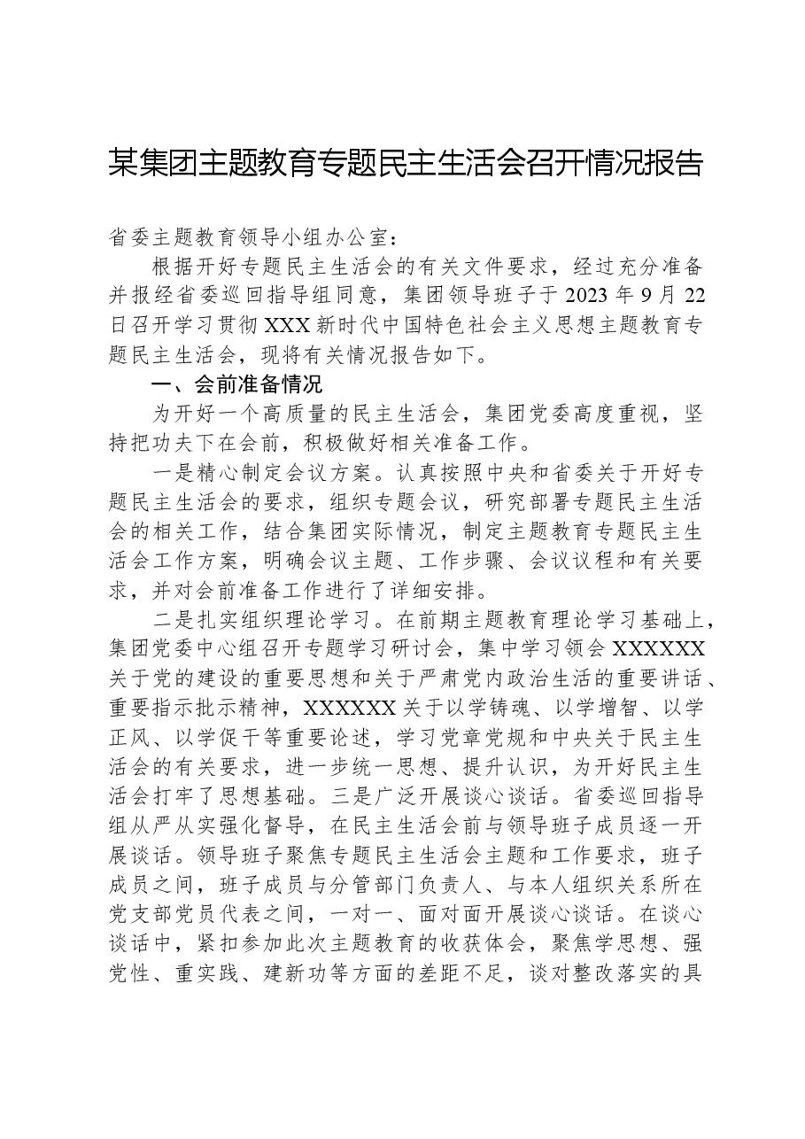 某集团主题教育专题民主生活会召开情况报告.docx,第1页预览
