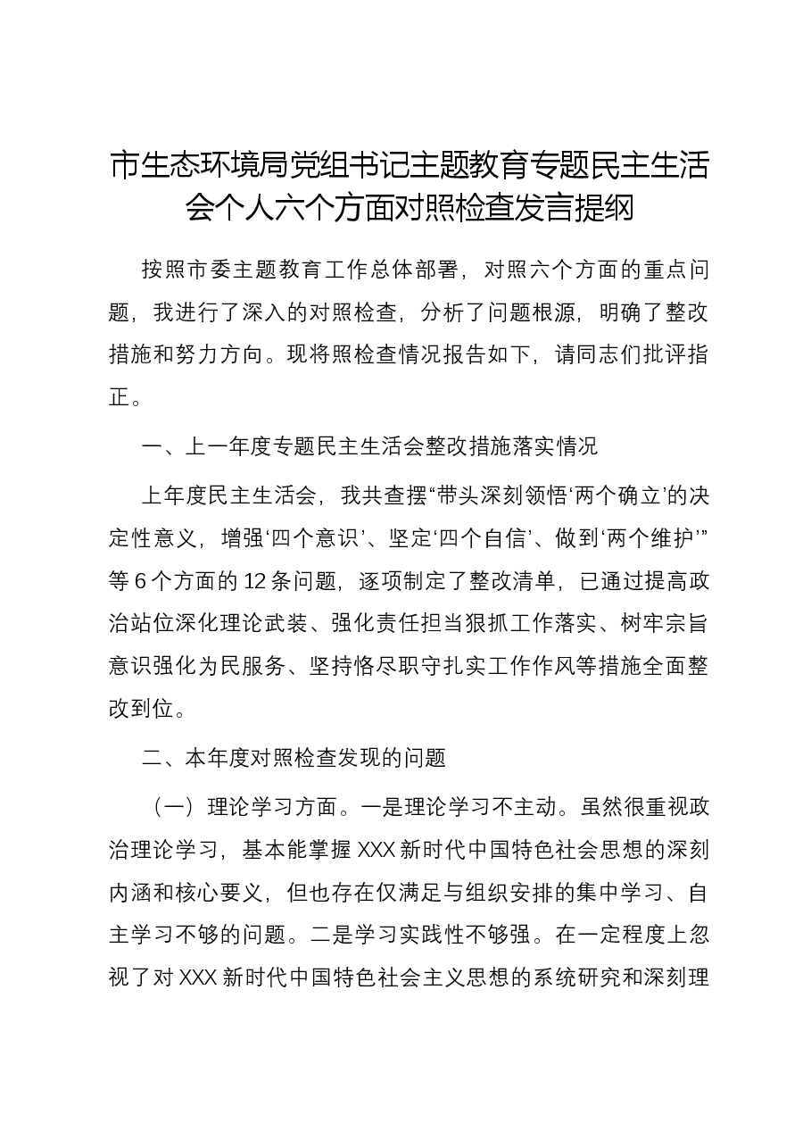市生态环境局党组书记主题教育专题民主生活会个人六个方面对照检查发言提纲.docx,第1页预览