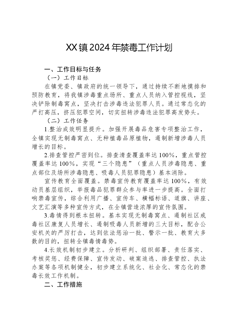 XX镇2024年禁毒工作计划.docx，第1页预览