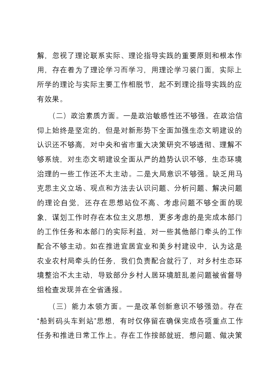 市生态环境局党组书记主题教育专题民主生活会个人六个方面对照检查发言提纲.docx,第2页预览