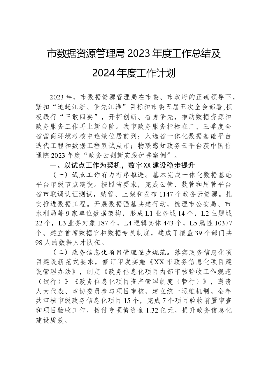 市数据资源管理局2023年度工作总结及2024年度工作计划.docx，第1页预览