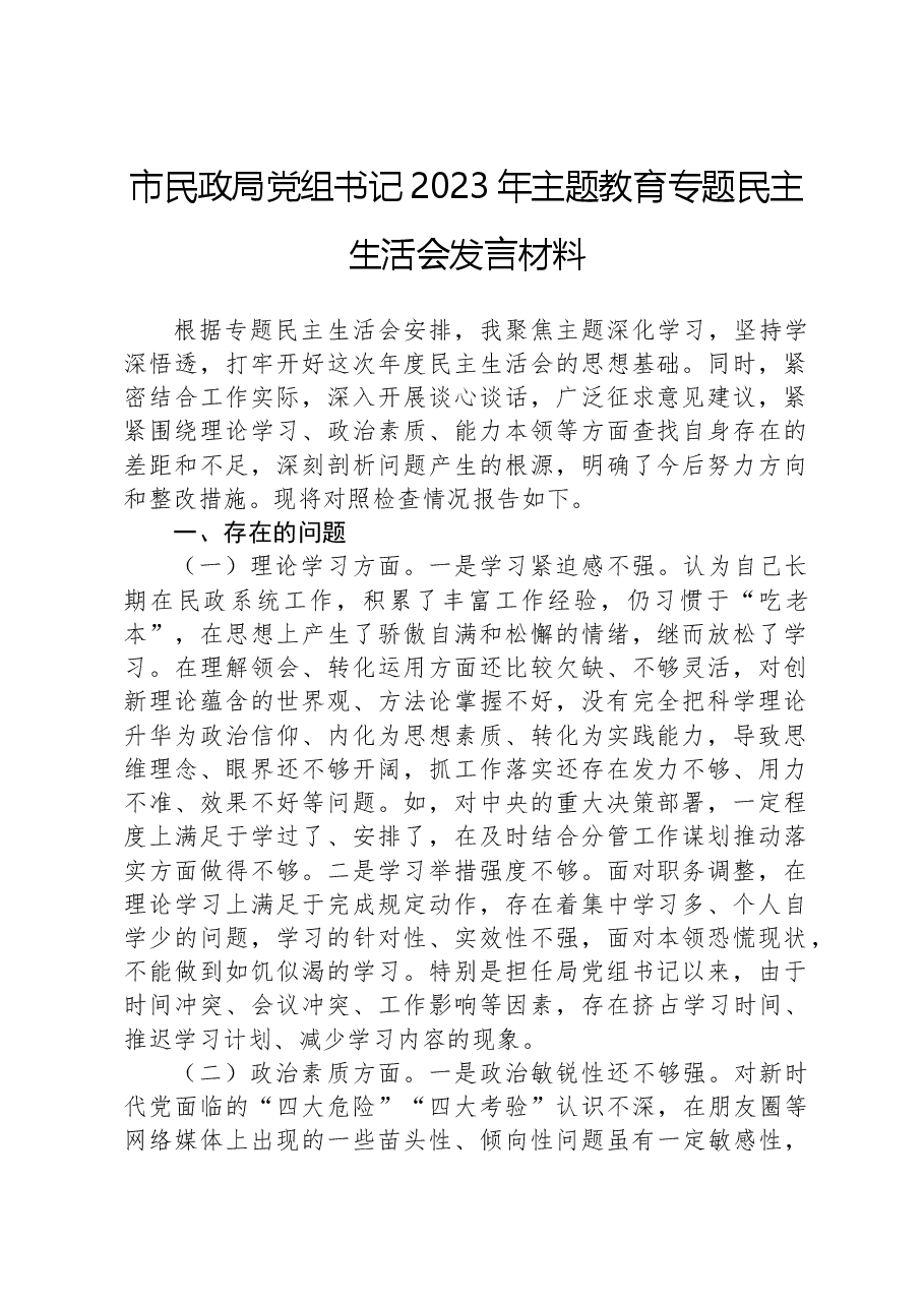 市民政局党组书记2023年主题教育专题民主生活会发言材料.docx,第1页预览