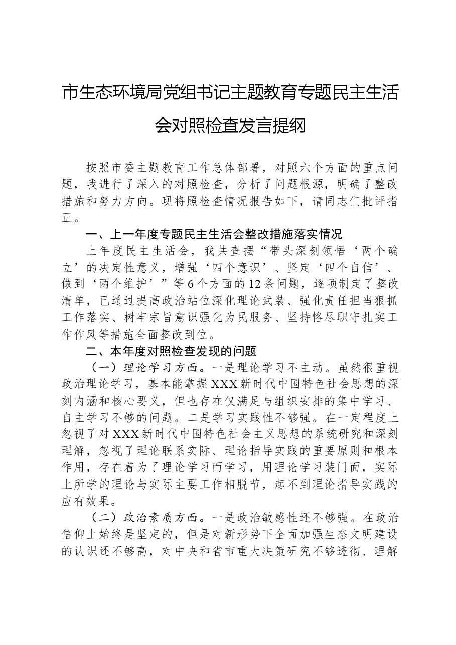 市生态环境局党组书记主题教育专题民主生活会对照检查发言提纲.docx，第1页预览