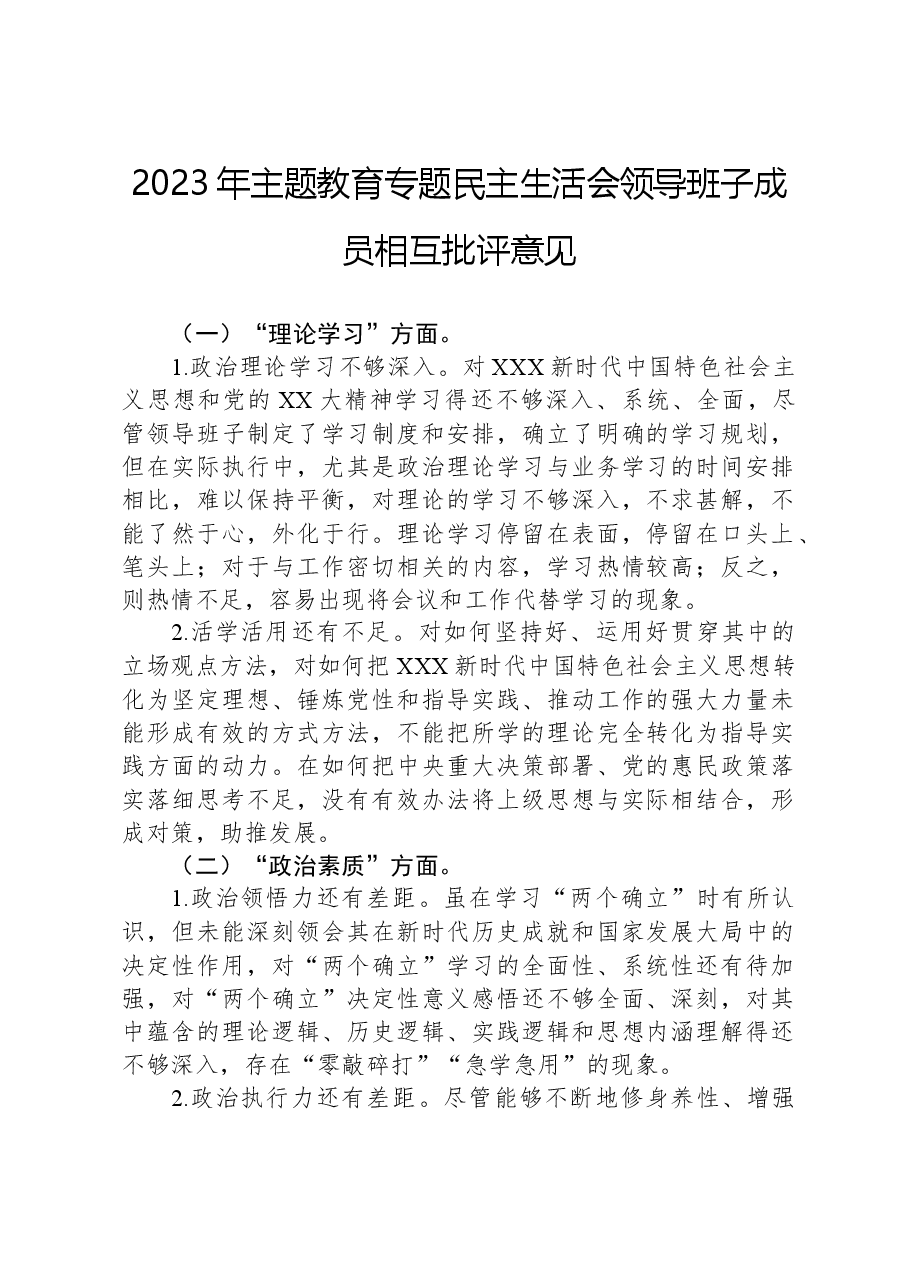 2023年主题教育专题民主生活会领导班子成员相互批评意见.docx，第1页预览