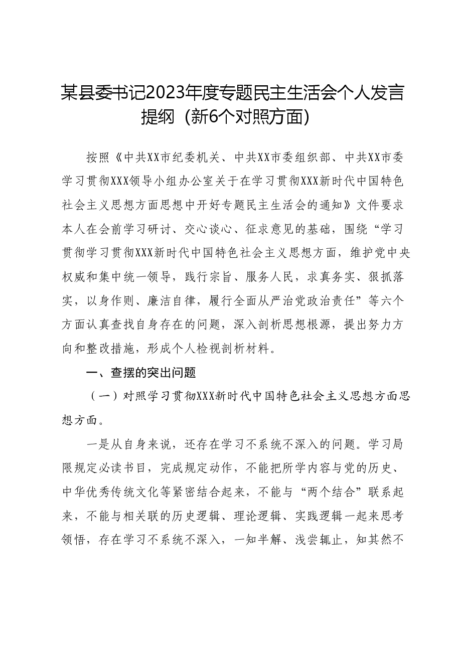 某县委书记2023年度专题民主生活会个人发言提纲(新6个对照方面).docx,第1页预览