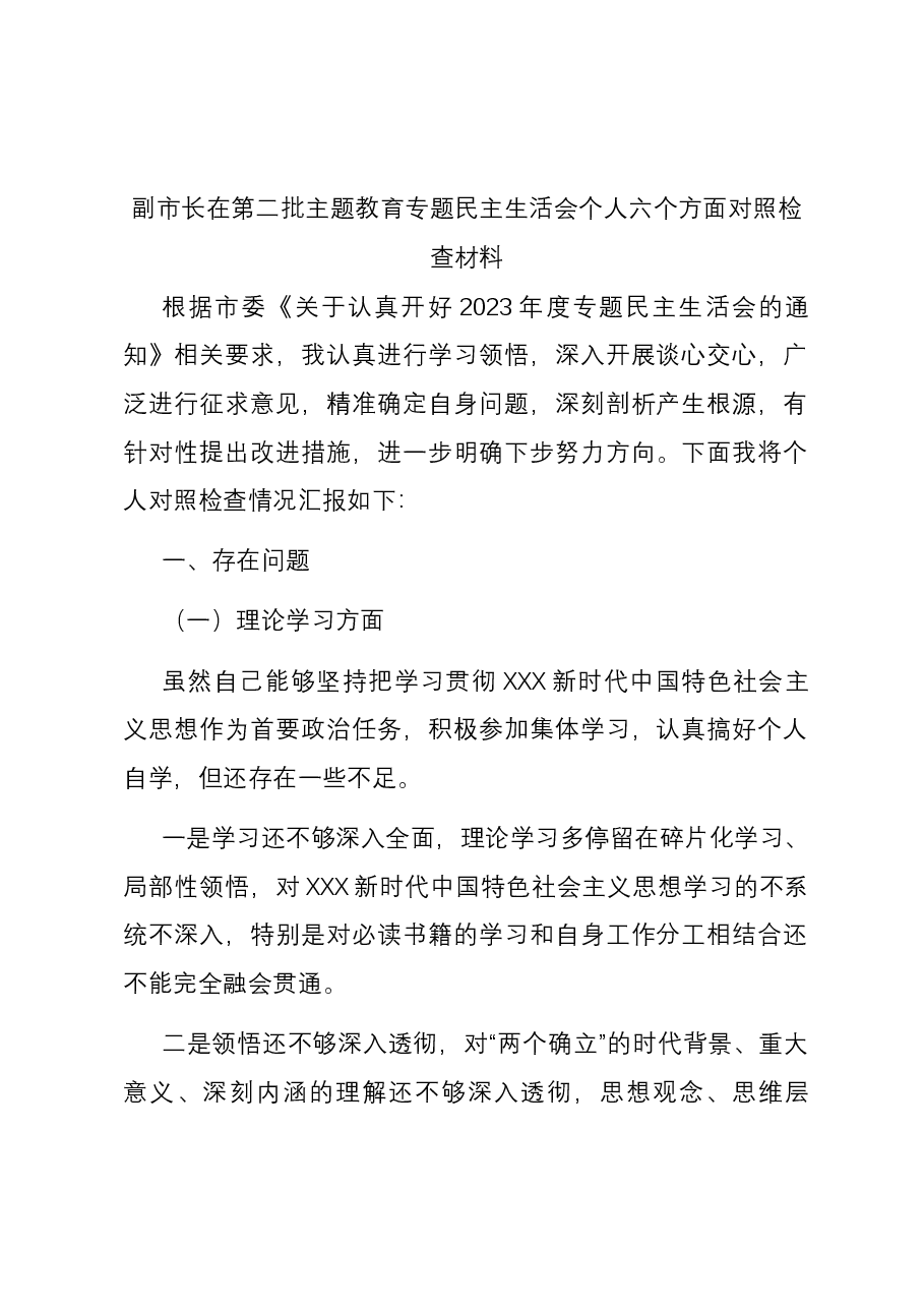 副市长在第二批主题教育专题民主生活会个人六个方面对照检查材料.docx,第1页预览