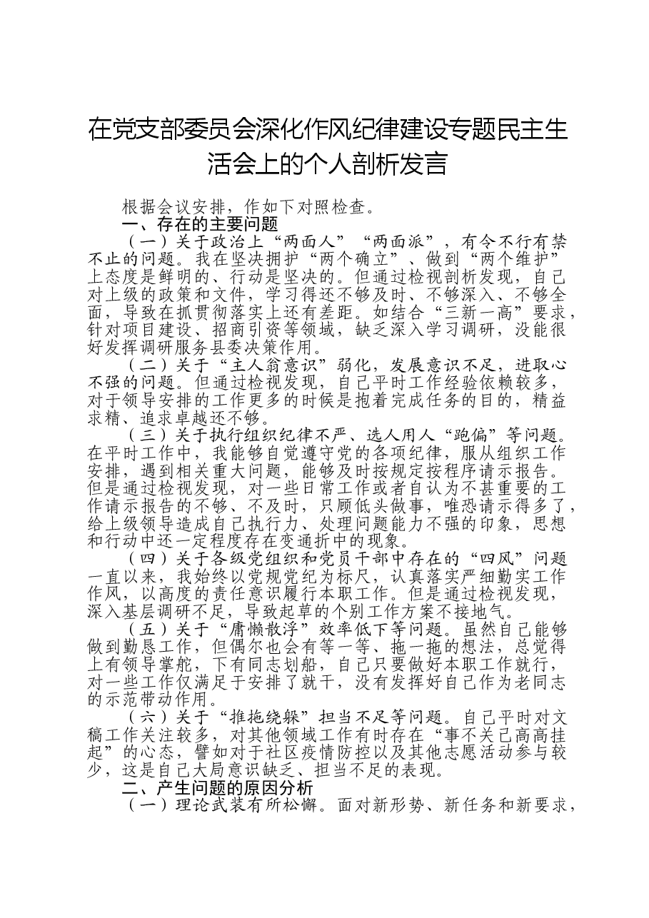 在党支部委员会深化作风纪律建设专题民主生活会上的个人剖析发言.doc,第1页预览