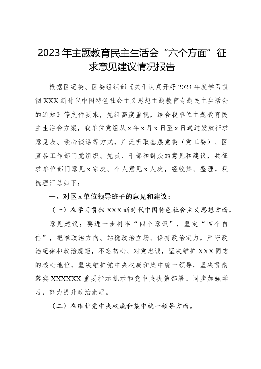 2023年主题教育民主生活会“六个方面”征求意见建议情况报告.docx,第1页预览