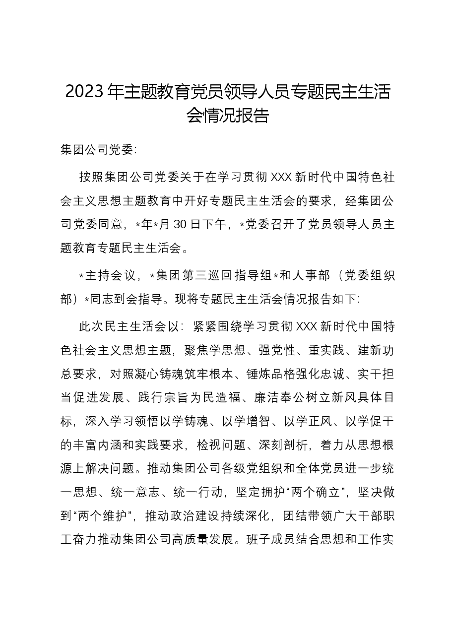2023年主题教育党员领导人员专题民主生活会情况报告.docx,第1页预览