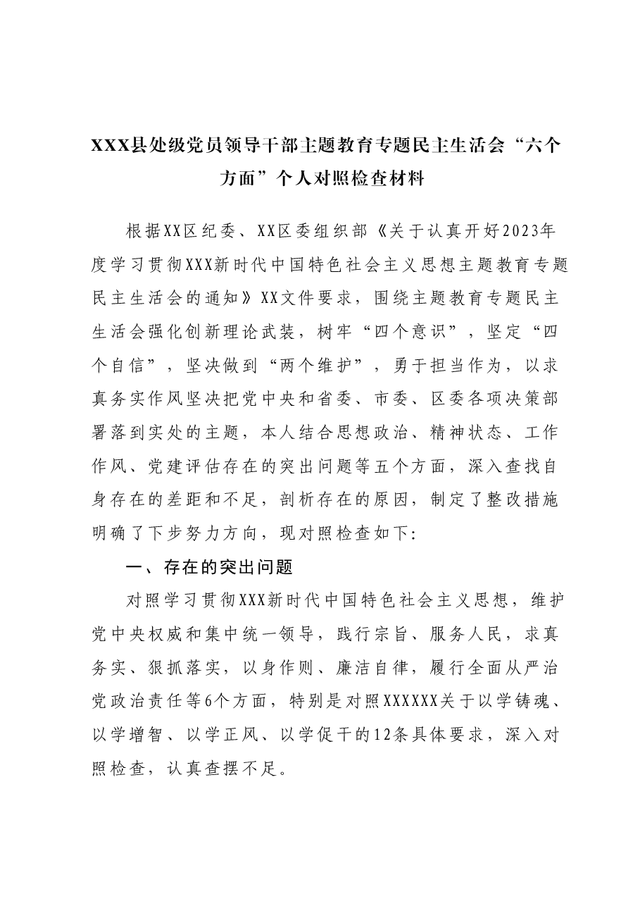 XX县处级党员领导干部主题教育专题民主生活会“六个方面”个人对照检查材料(新六个对照方面).docx,第1页预览