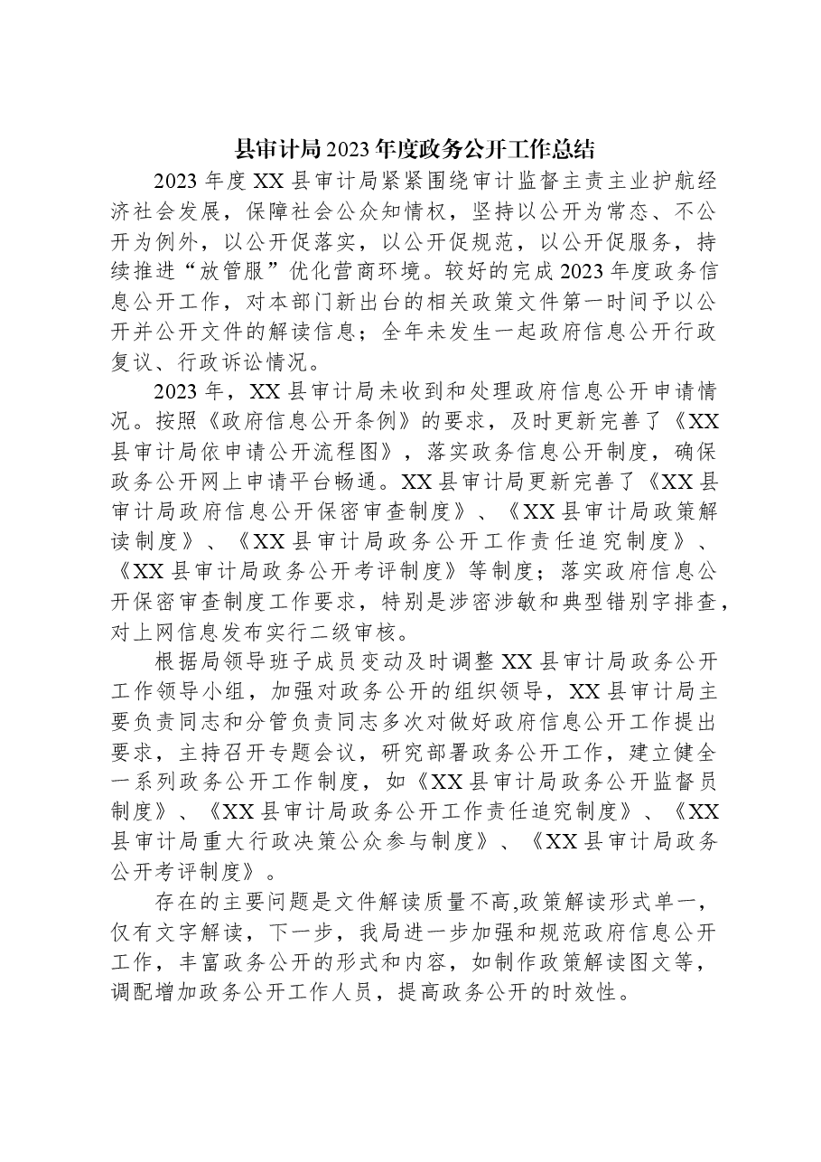 县审计局2023年度政务公开工作总结02.docx,第1页预览