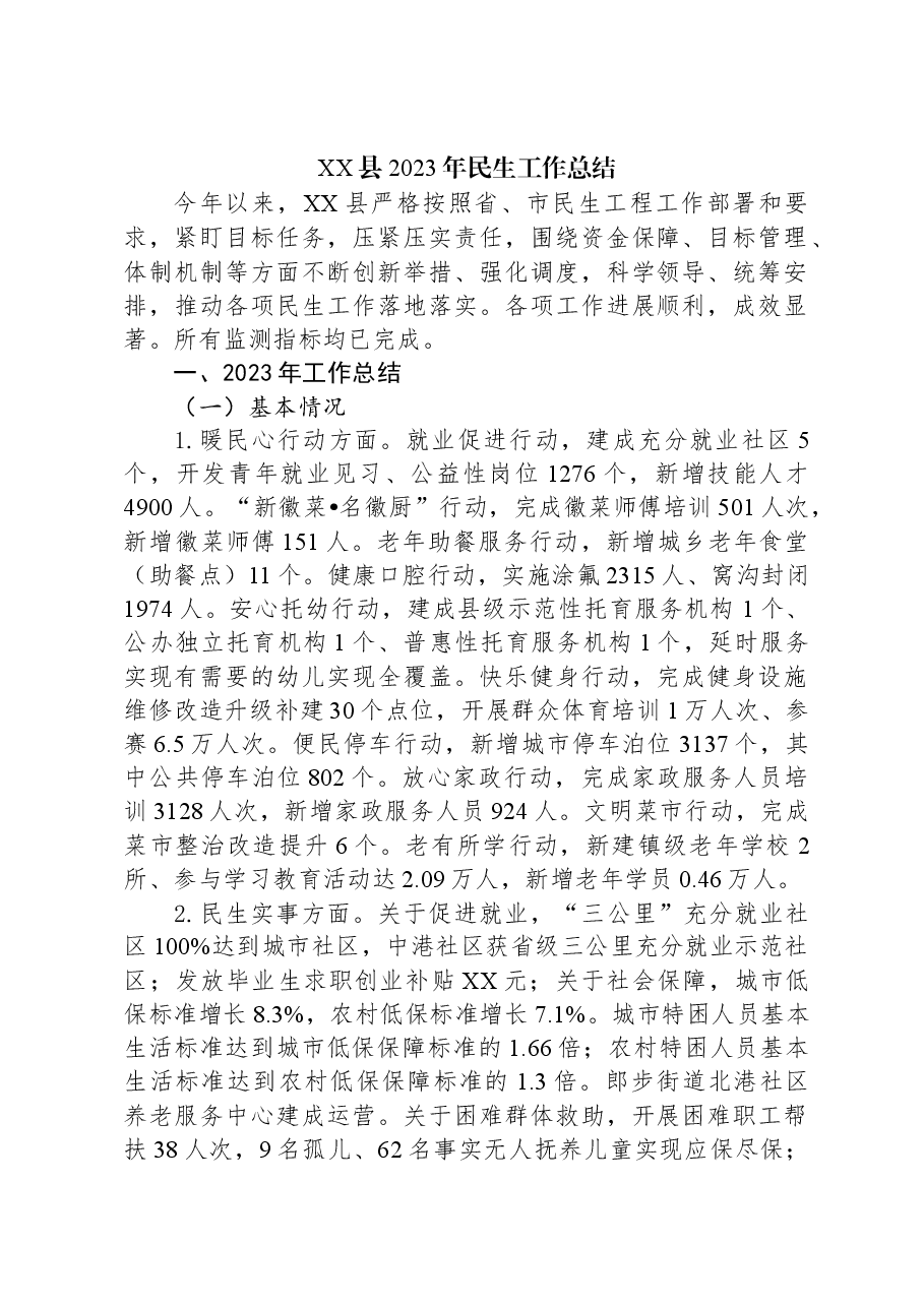 XX县2023年民生工作总结.docx,第1页预览