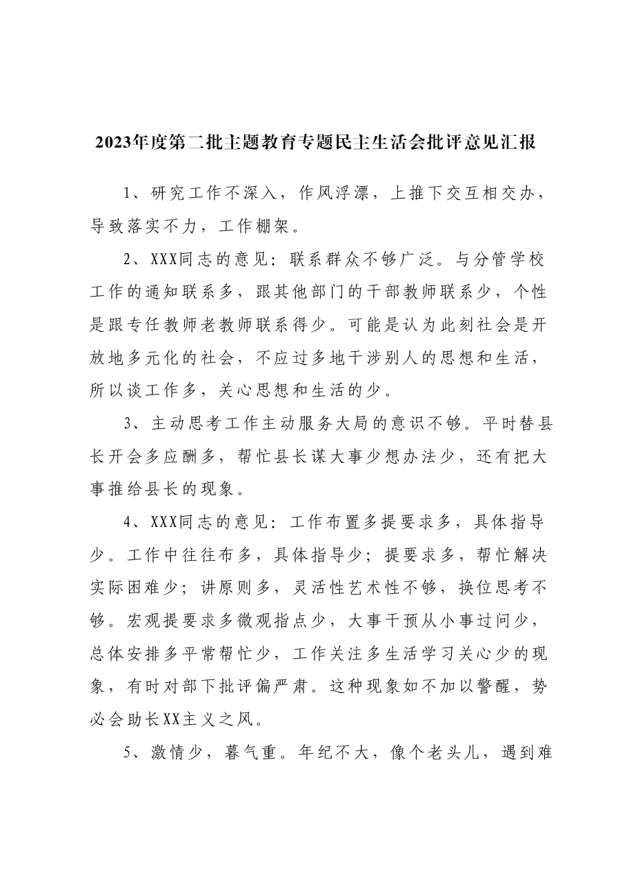 2023年度第二批主题教育专题民主生活会批评意见汇报.docx,第1页预览