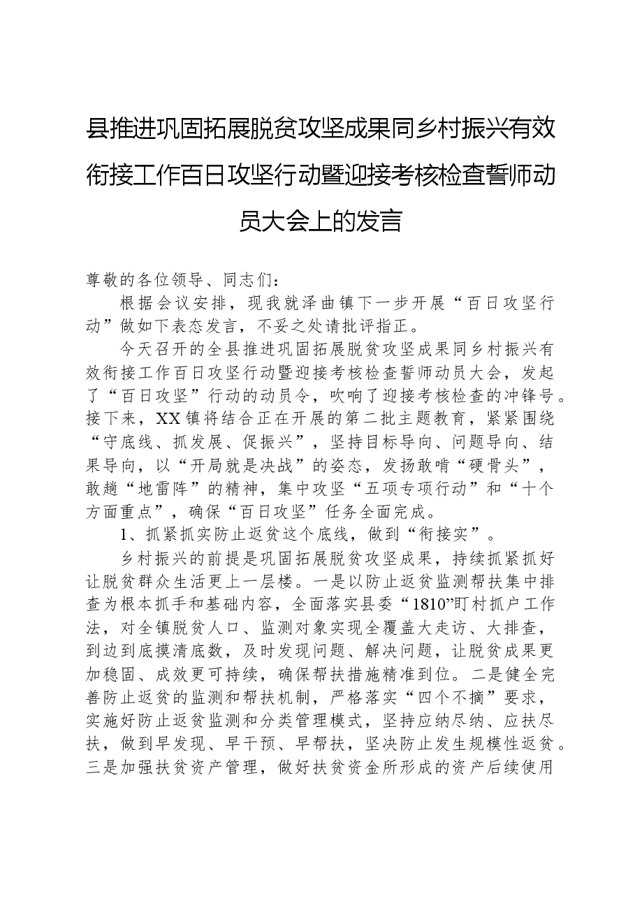 县推进巩固拓展脱贫攻坚成果同乡村振兴有效衔接工作百日攻坚行动暨迎接考核检查誓师动员大会上的发言.docx,第1页预览