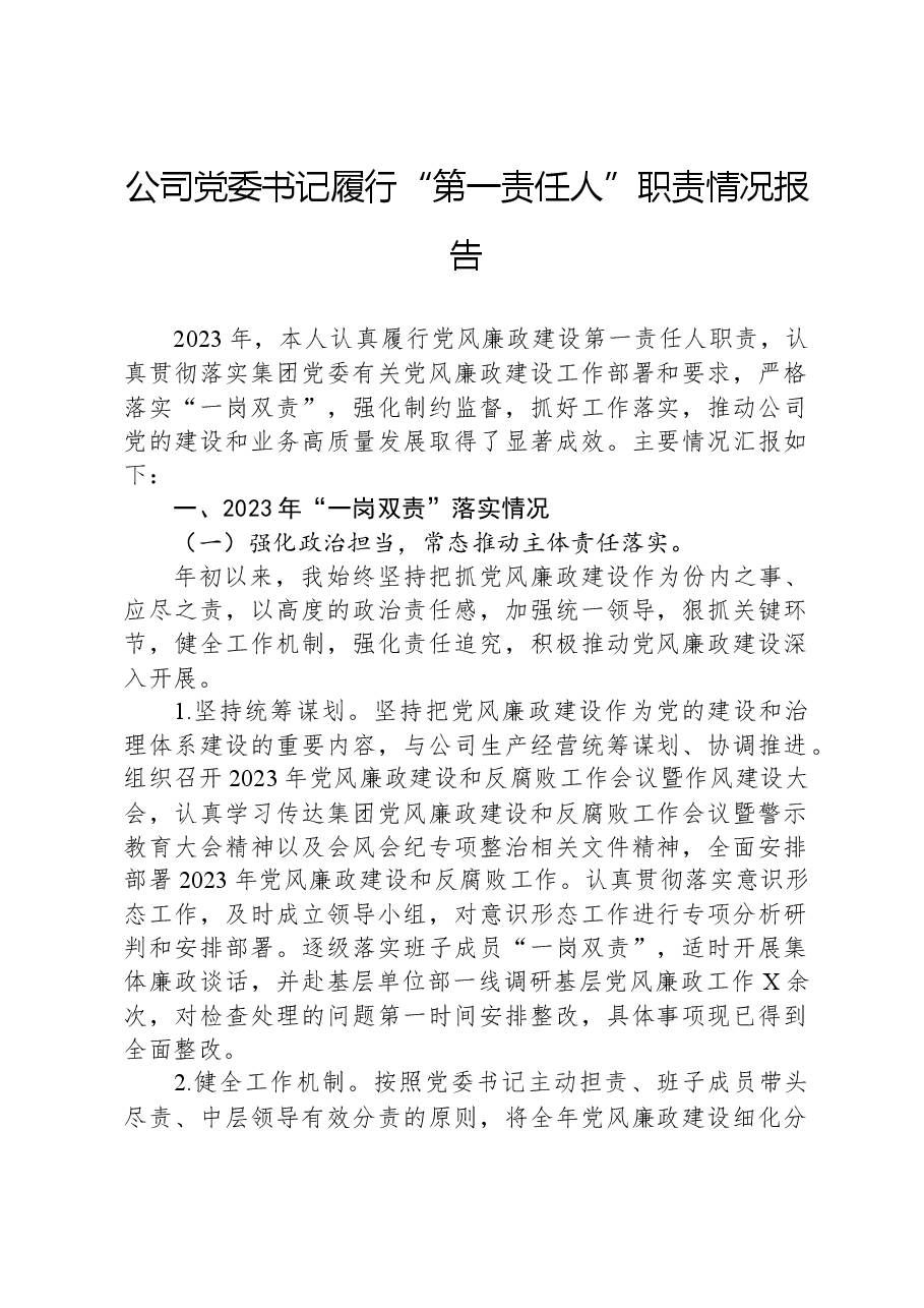 公司党委书记履行“第一责任人”职责情况报告.docx,第1页预览