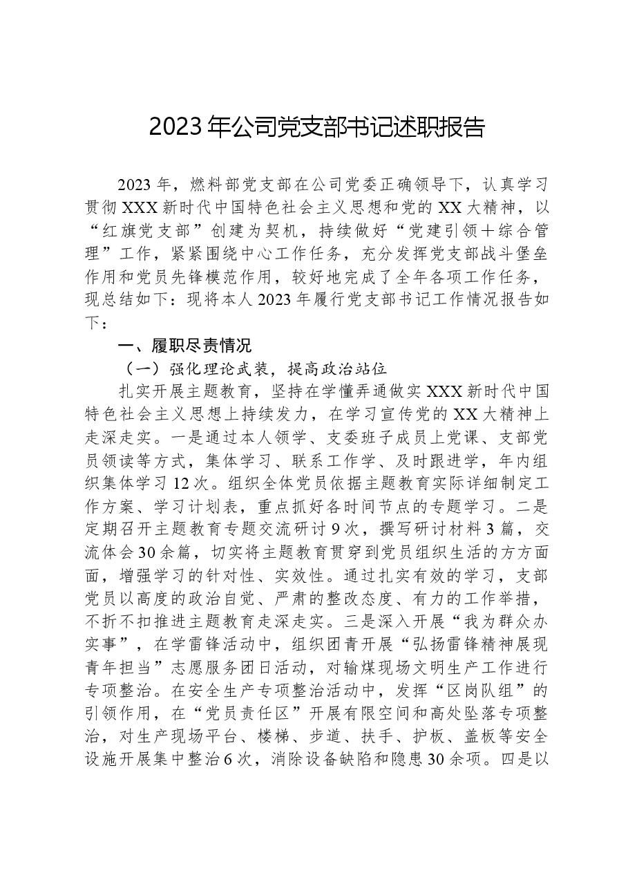 2023年公司党支部书记述职报告.docx,第1页预览