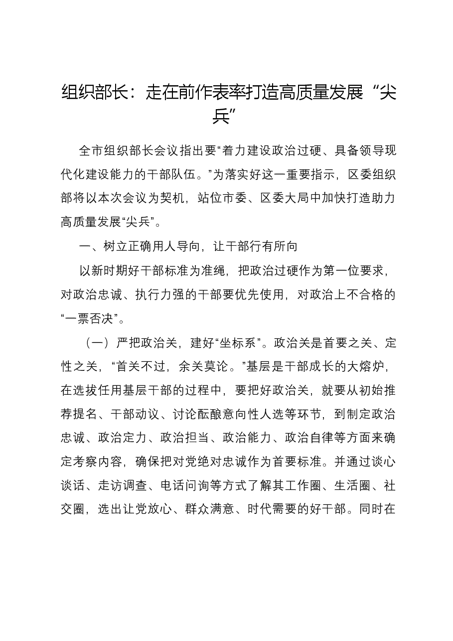 组织部长:走在前 作表率 打造高质量发展“尖兵”.docx,第1页预览