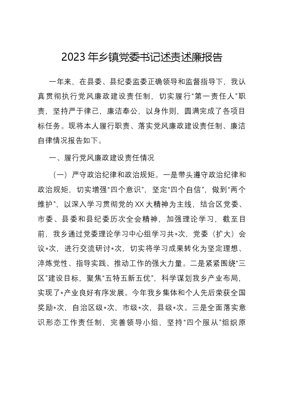 2023年乡镇党委书记述责述廉报告.docx,第1页预览