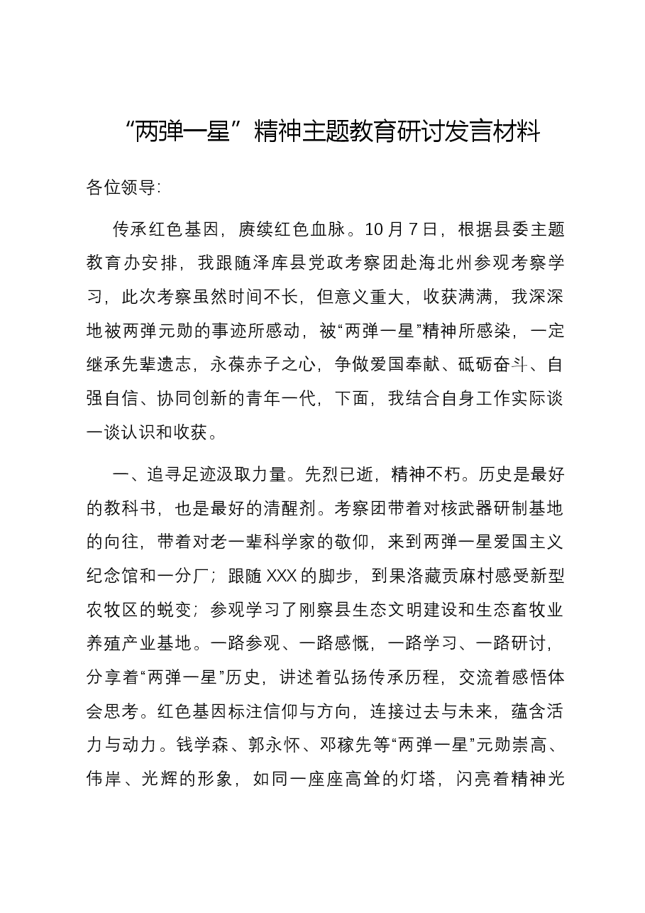“两弹一星”精神主题教育研讨发言材料.docx,第1页预览