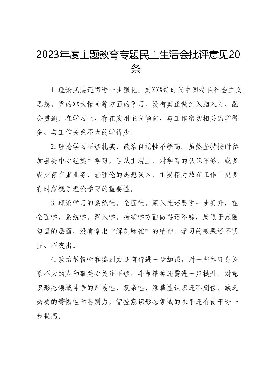 2023年度主题教育专题民主生活会批评意见20条.docx，第1页预览