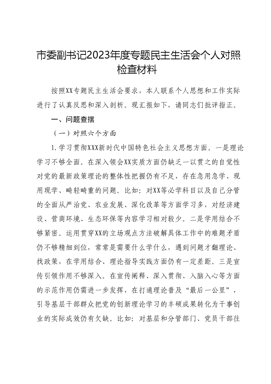 市委副书记2023年度专题民主生活会个人对照检查材料(新六个对照方面).docx,第1页预览