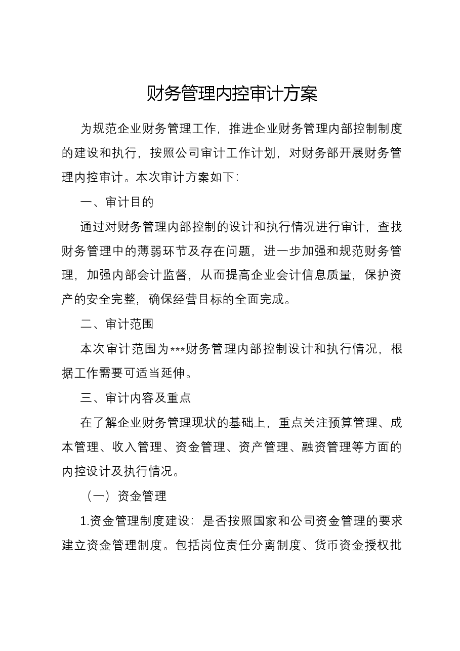 财务管理内控审计方案.docx,第1页预览