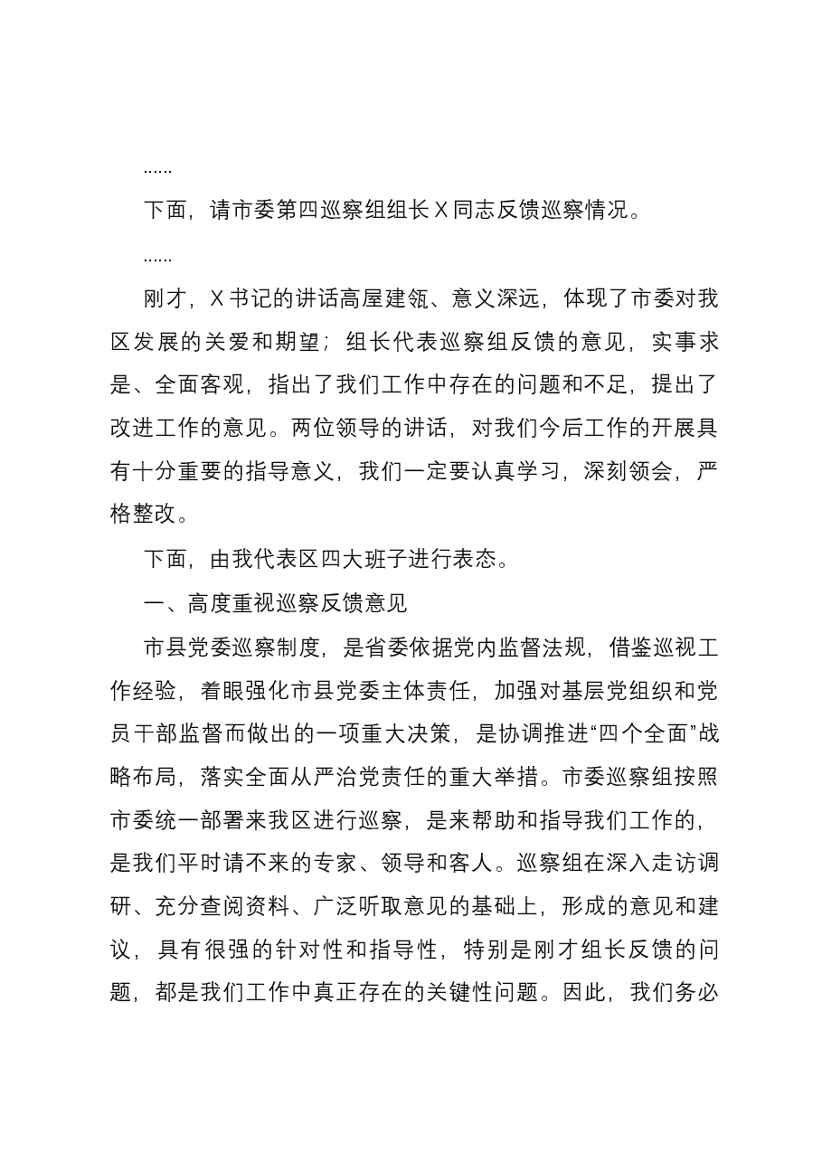 县区委书记在巡视巡核查反馈工作会议上的主持词和表态发言讲话提纲.docx,第2页预览