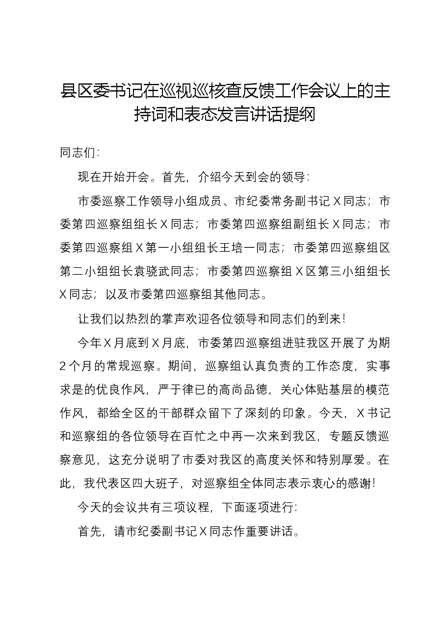 县区委书记在巡视巡核查反馈工作会议上的主持词和表态发言讲话提纲.docx,第1页预览