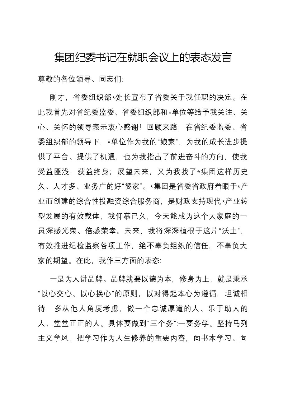 集团纪委书记在就职会议上的表态发言.docx,第1页预览