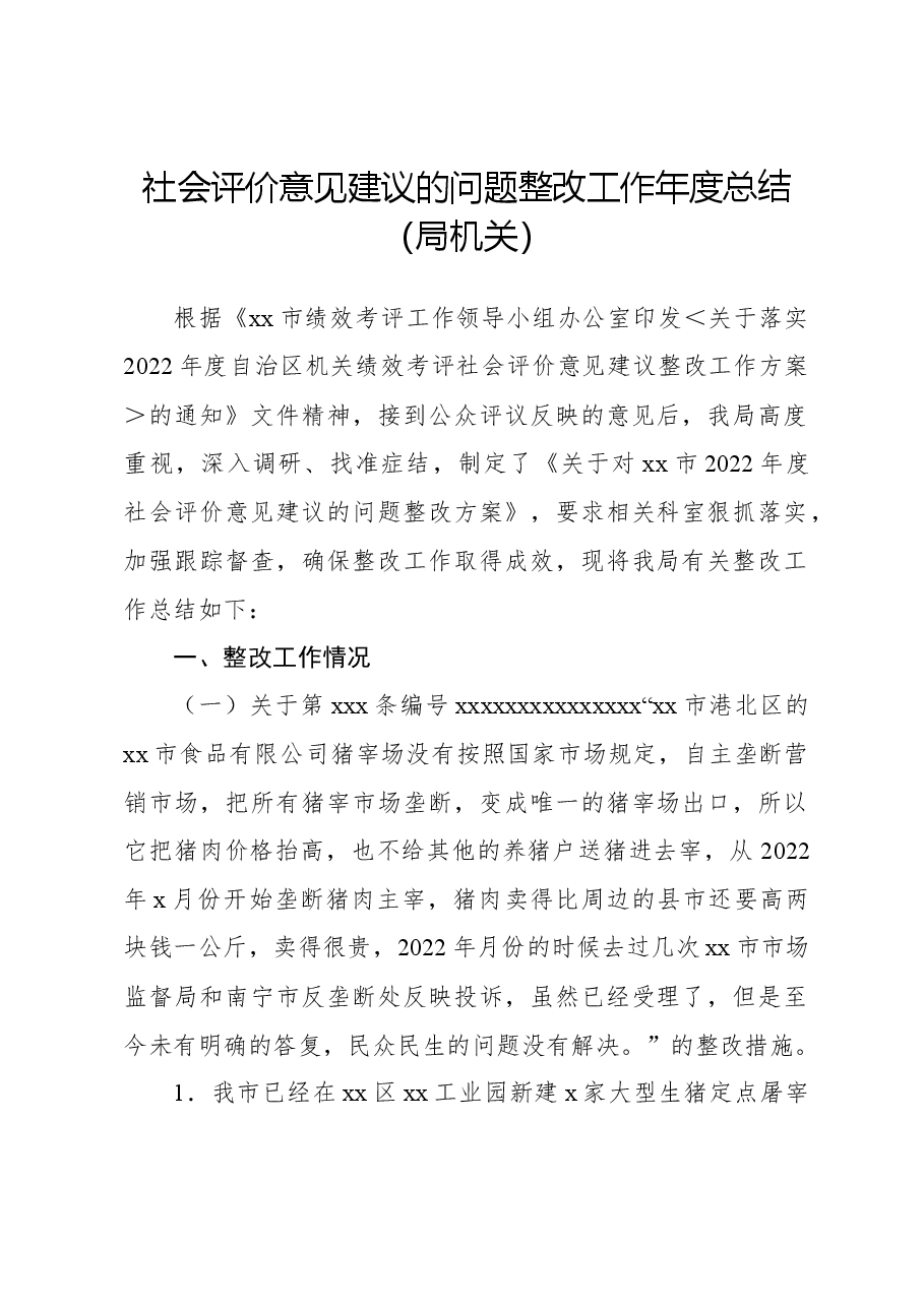 社会评价意见建议的问题整改工作年度总结(局机关).docx,第1页预览